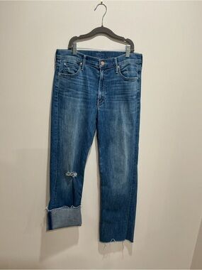 MOTHER Blue Denim High-Rise Jeans the dusty cuff fray size 28